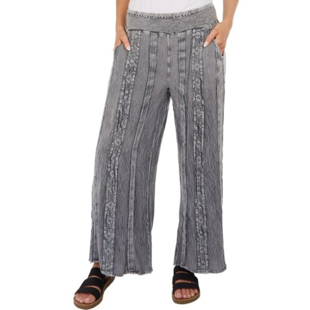 Studio West Women's Pants Gray Lace Applique Elastic Waist Wide Leg Pockets  L
